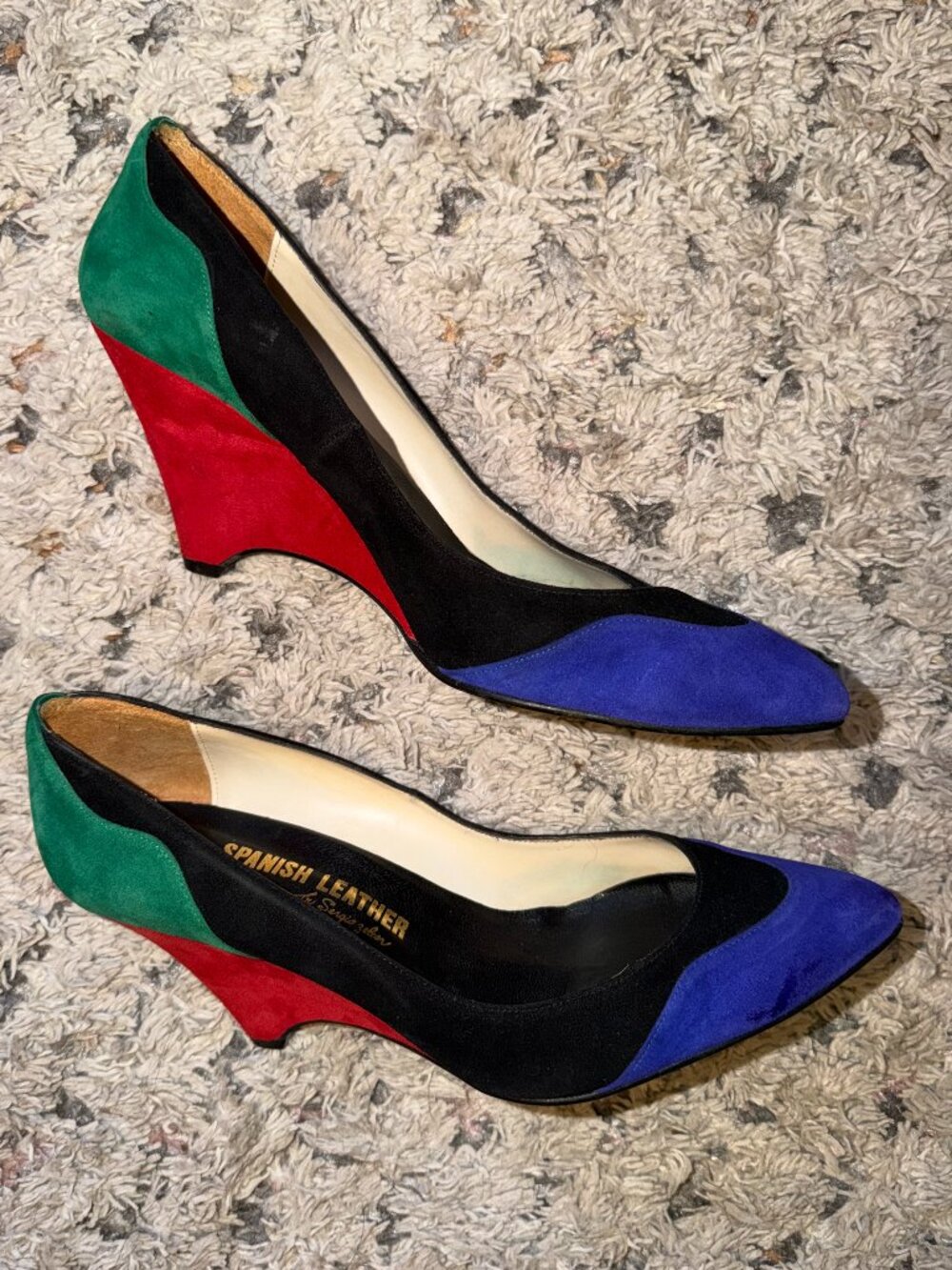 1980s Sergio Zelcer Spanish Leather Suede Multicolor Wedge Heels